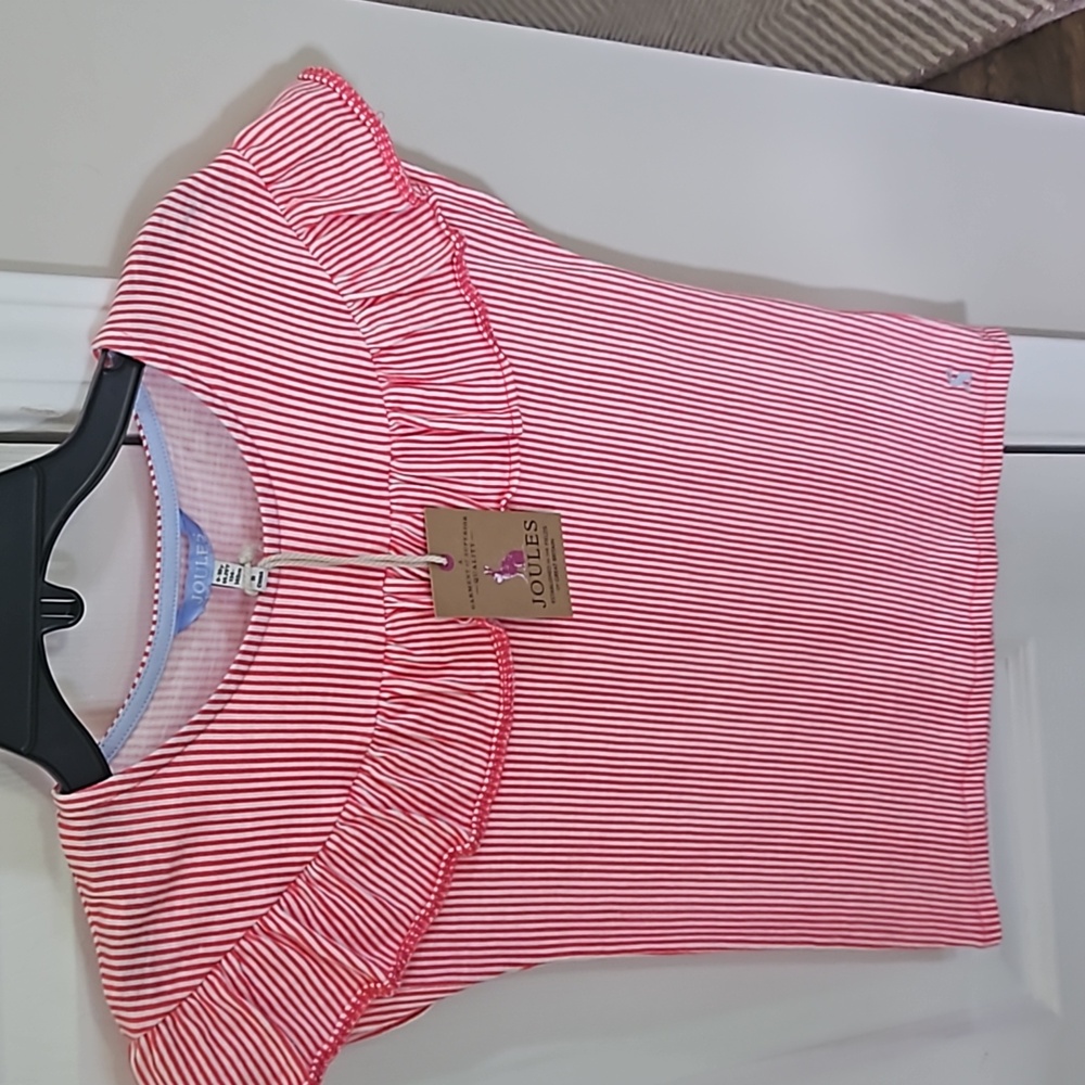 NWT joules Girls size9-10 cotton orange and white rufflebcapnsleeve t-shirt